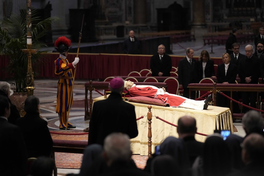 The body of late Pope Emeritus Benedict XVI laid out in state inside St. Peter&#039;s Basilica at The Vatican, Monday, Jan. 2, 2023. Benedict XVI, the German theologian who will be remembered as the f ...