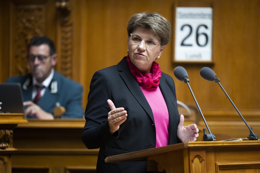 Bundesraetin Viola Amherd spricht waehrend der Fragestunde, waehrend der Herbstsession der Eidgenoessischen Raete, am Montag, 26. September 2022, im Bundeshaus in Bern. (KEYSTONE/Peter Klaunzer)