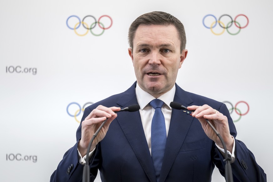 UCI President and then-candidate to the presidency of the International Olympic Committee (IOC) France&#039;s David Lappartient speaks during a press conference following a presentation before their f ...