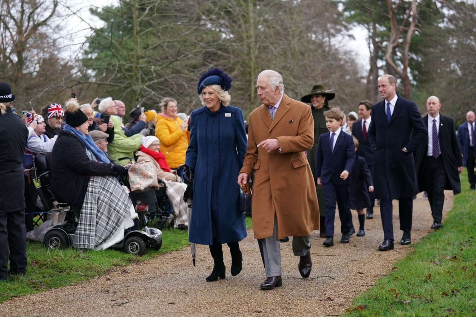 (left to right) The Queen Consort, King Charles III, the Princess of Wales, Prince George and the Prince of Wales attending the Christmas Day morning church service at St Mary Magdalene Church in Sand ...