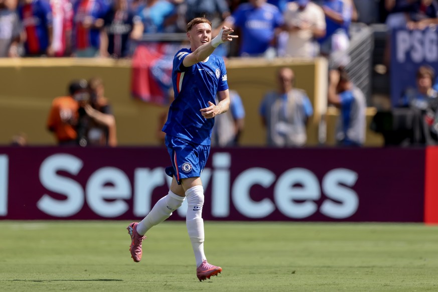 epa12236328 Cole Palmer of Chelsea celebrates scoring the 1-0 goal during the FIFA Club World Cup 2025 final match between Chelsea FC and Paris Saint-Germain, in East Rutherford, New Jersey, USA, 13 J ...