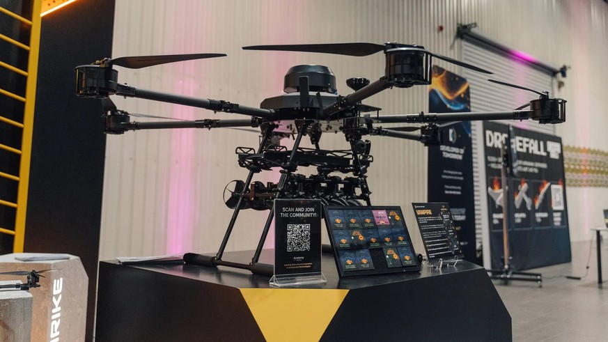 Un drone SkyFall, exposé lors d'un salon (photo d'archive): le fabricant est prêt à livrer des drones intercepteurs au Moyen-Orient.