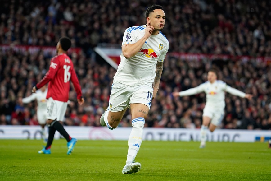 Leeds' Noah Okafor celebrates after scoring during the Premiier League soccer match between Manchester United and Leeds in Manchester, England, Monday, April 13, 2026. (AP Photo/Dave Thompson)
No ...