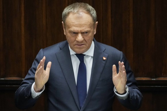 Polish Prime Minister Donald Tusk speaks at the Sejm, the lower house of parliament, in Warsaw, Poland, Friday March 7, 2025. (AP Photo/Czarek Sokolowski)
Poland Security