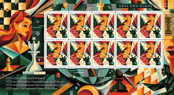 Le timbre célébrant les 100 ans de la Fédération Internationale des Echecs.