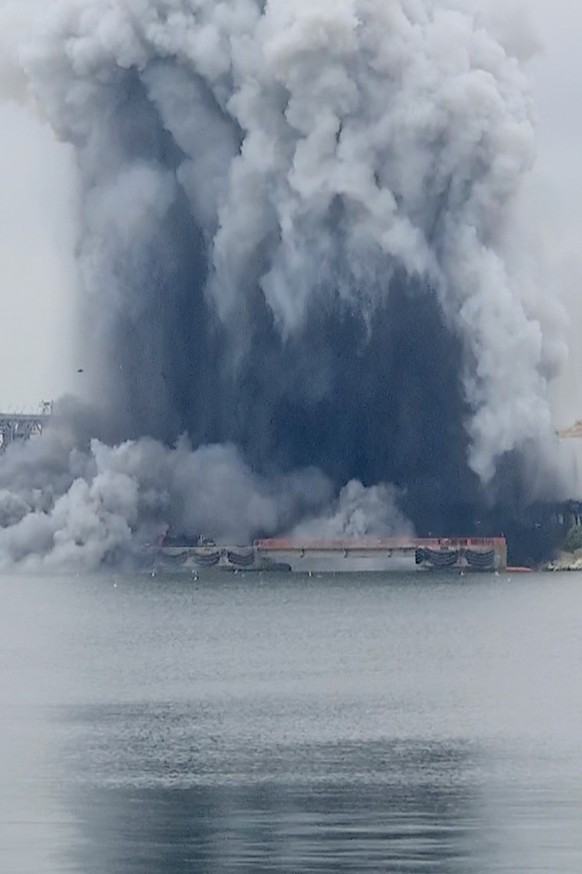 In this photo taken from video provided by OBSERVATOR ANTENA 1, an explosion of sea drone is seen in Constanta port, Romania, Friday, June 5, 2026. (OBSERVATOR ANTENA 1 via AP)
Romania Port Drone Blas ...