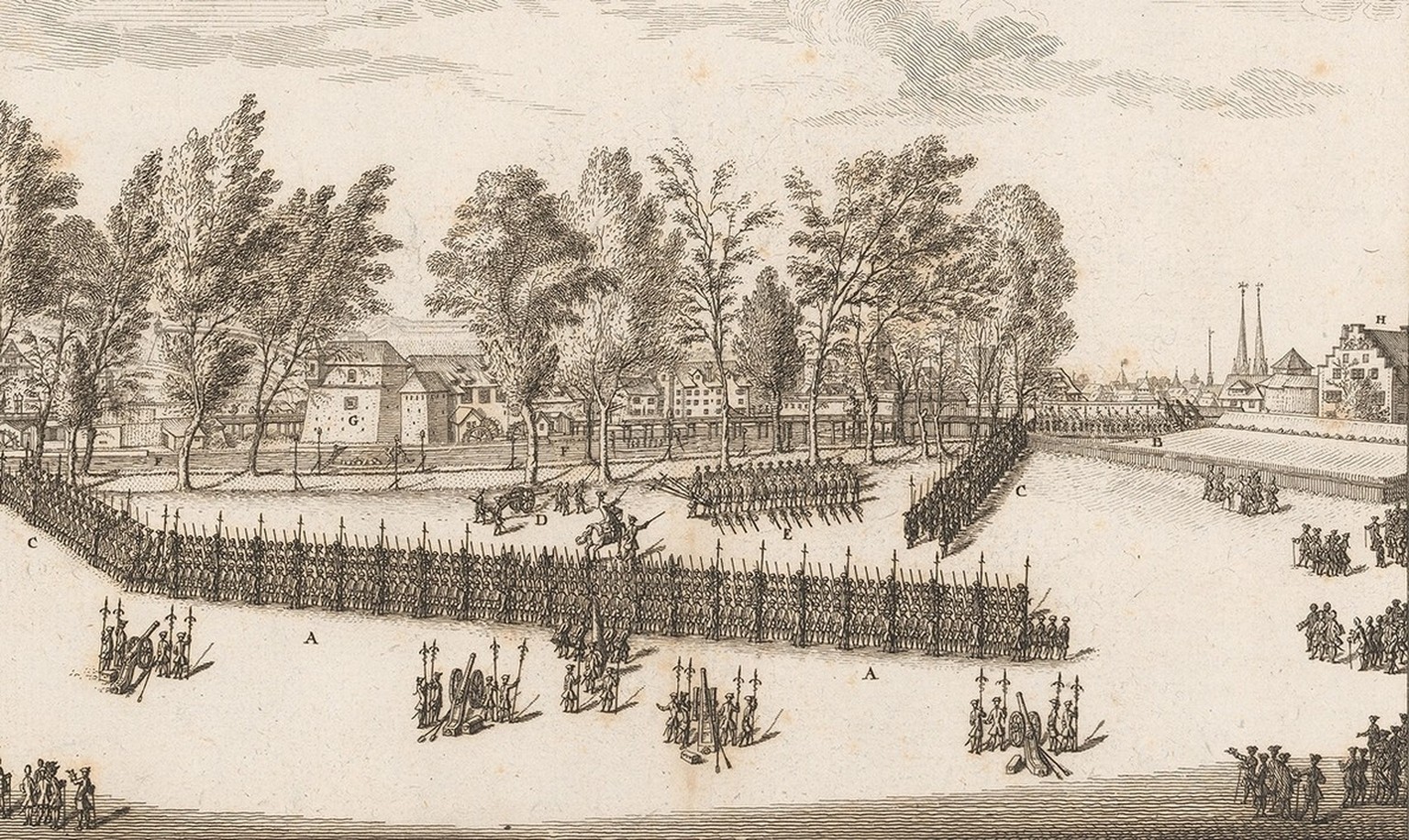 Exercice militaire sur le Platzspitz à Zurich, 1758.
https://www.e-rara.ch/zuz/doi/10.3931/e-rara-65146
