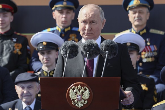 Russian President Vladimir Putin delivers his speech during the Victory Day military parade marking the 78th anniversary of the end of World War II in Red square in Moscow, Russia, Monday, May 9, 2022 ...