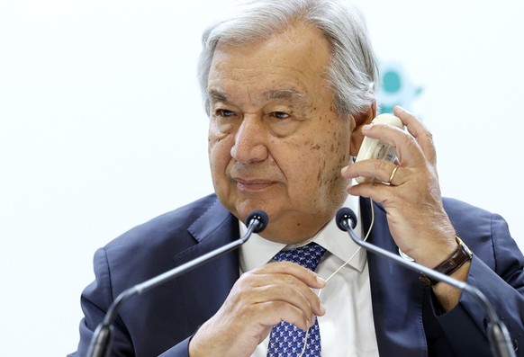epa12313667 United Nations Secretary-General Antonio Guterres attends a press conference on the sidelines of the Tokyo International Conference on African Development (TICAD IX) in Yokohama, near Toky ...
