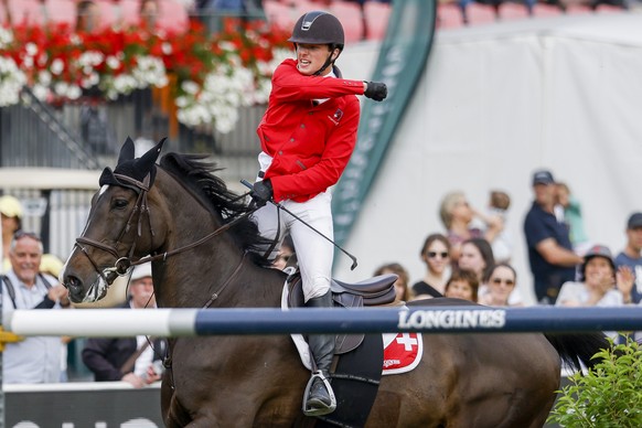 Edouard Schmitz from Switzerland on Quno celebrates after his second round at the ?Longines FEI Jumping Nations Cup? during the CSIO Show Jumping in St. Gallen, Switzerland, Monday, June 6, 2022. (KEY ...