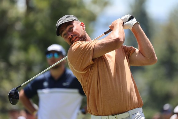 STATELINE, NEVADA - JULY 16: Travis Kelce of the NFL Kansas City Chiefs hits his tee shot on the 15th tee on Day Three of the 2023 American Century Championship at Edgewood Tahoe Golf Course on July 1 ...
