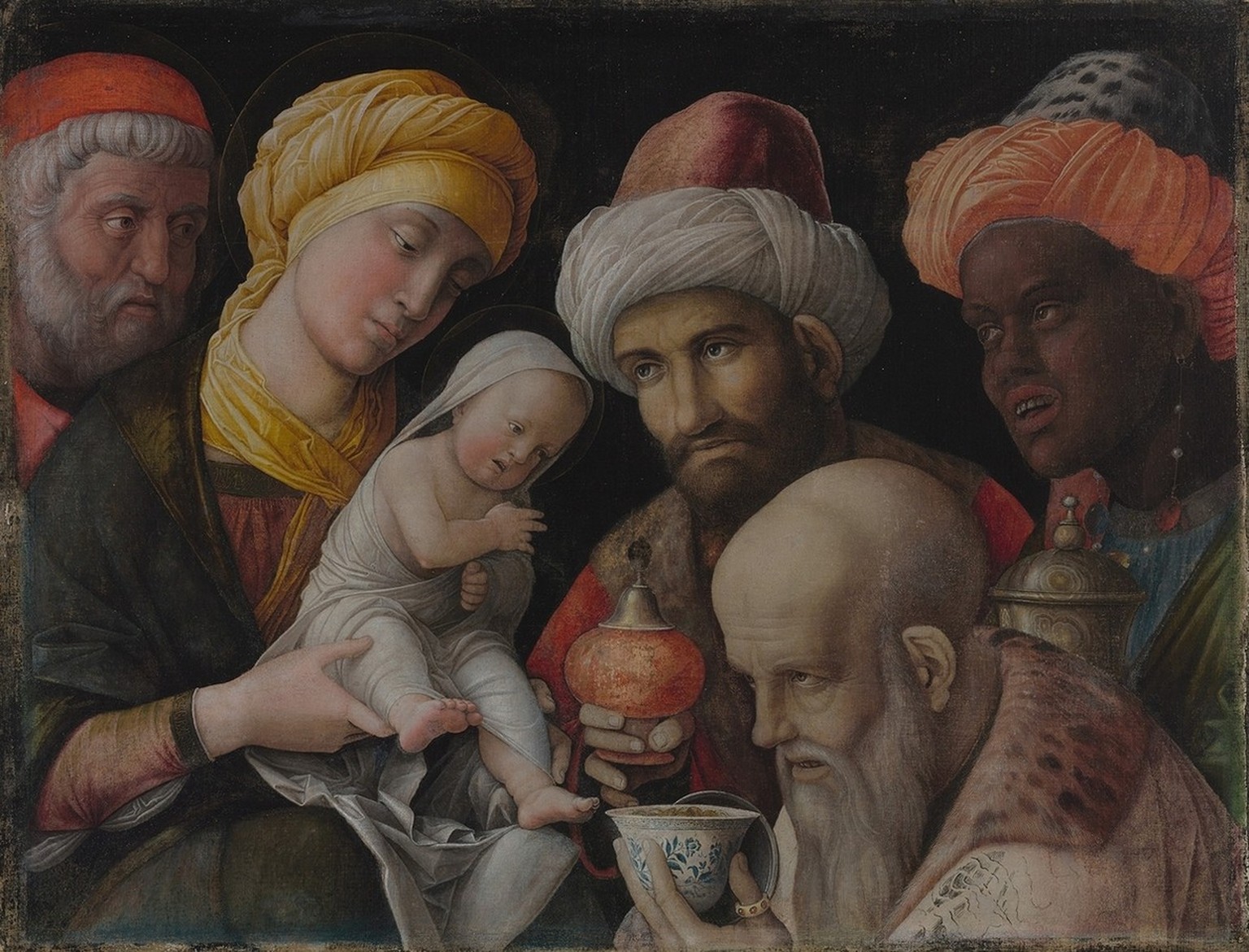 L’Adoration des mages d’Andrea Mantegna, vers 1495-1505.
https://commons.wikimedia.org/wiki/File:Mantegna_Magi.jpg