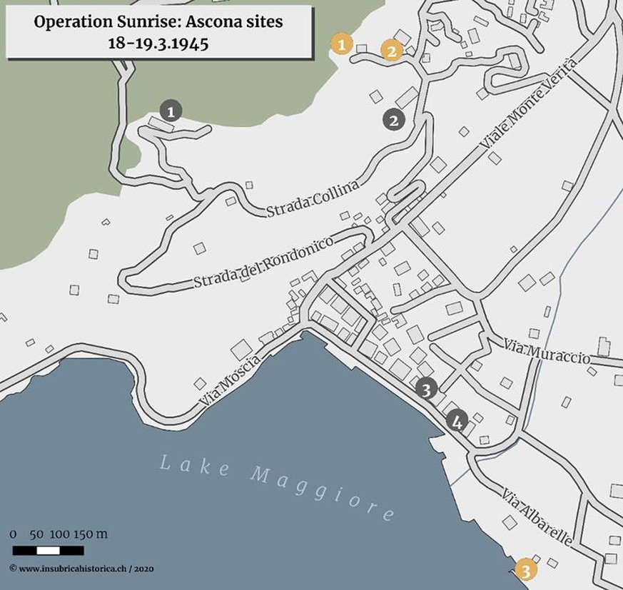 Lieux importants de l’opération Sunrise. Les numéros gris localisent les hôtels Monte Verità (1), Ascona (2), Tamaro (3) et Castello (4) existant à l’époque. Les numéros jaunes indiquent les localités ...