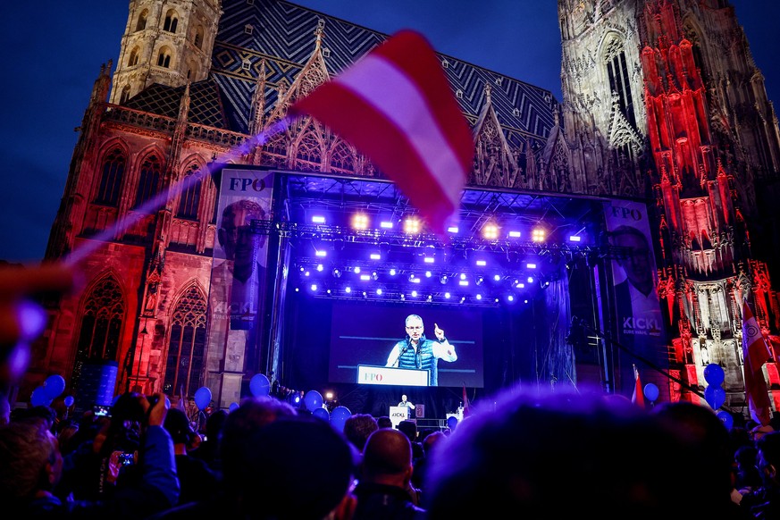epa11629261 Chairman and top candidate of the Freedom Party of Austria (FPOe) Herbert Kickl speaks during the party&#039;s election rally in Vienna, Austria, 27 September 2024. Austria will hold parli ...