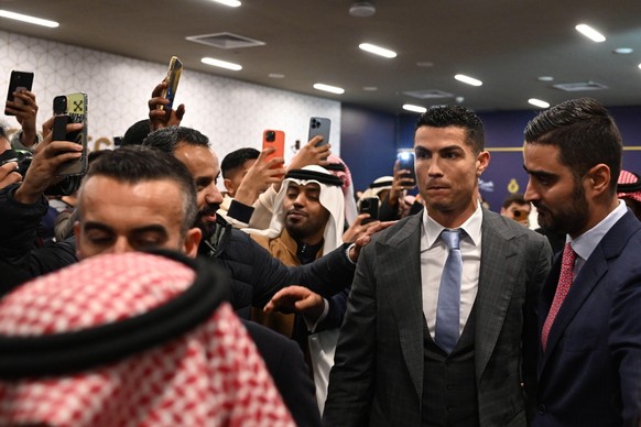 epa10387411 Portuguese soccer player Cristiano Ronaldo arrives for a press conference at Mrsool Park stadium, in Riyadh, Saudi Arabia, 03 January 2023. Cristiano Ronaldo will be presented at Mrsool Pa ...