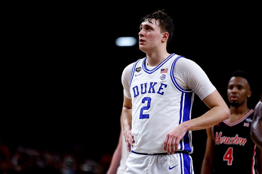 SAN ANTONIO, TEXAS - APRIL 5: Cooper Flagg #2 of the Duke Blue Devils looks on against the Houston Cougars in the second half during the Final Four round of the men&#039;s NCAA basketball tournament a ...