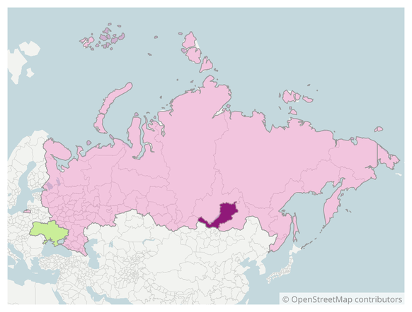 La République de Bouriatie (en violet) et, en vert l&#039;Ukraine.