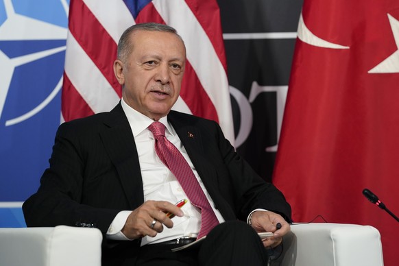 Turkey&#039;s President Recep Tayyip Erdogan speaks during his meeting with President Joe Biden during the NATO summit in Madrid, Wednesday, June 29, 2022. (AP Photo/Susan Walsh)