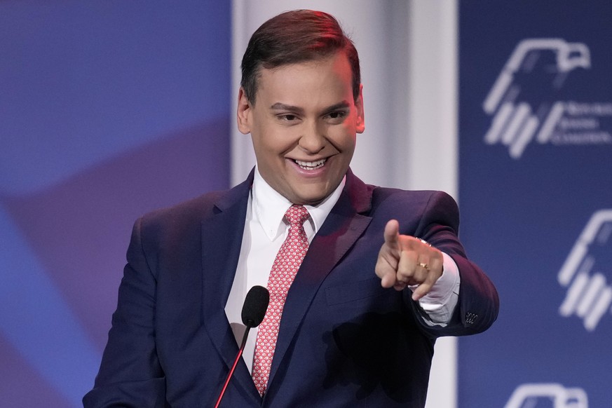 Rep.-elect George Santos, R-New York, speaks at an annual leadership meeting of the Republican Jewish Coalition Saturday, Nov. 19, 2022, in Las Vegas. (AP Photo/John Locher)