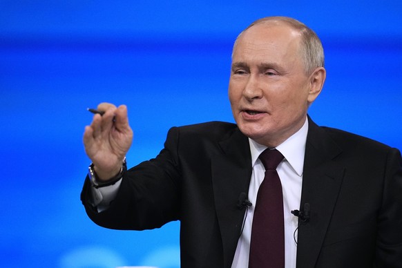 Russian President Vladimir Putin gestures during his annual news conference in Moscow, Russia, Thursday, Dec. 14, 2023. (AP Photo/Alexander Zemlianichenko, Pool)
Vladimir Putin