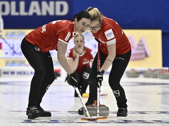 Switzerland&#039;s Carole Howald and Alina Paetz during the match between Switzerland and USA during the round robin session 1 of the LGT World Women&#039;s Curling Championship at Goransson Arena in  ...