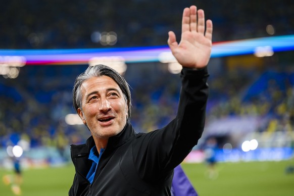 Switzerland's head coach Murat Yakin gestures during the FIFA World Cup Qatar 2022 group G soccer match between Brazil and Switzerland at the Stadium 974, in Doha, Qatar, Monday, November 28, 202 ...