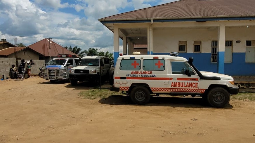 Ambulances are parked outside a hospital in Bunia, Congo, Saturday, May 16, 2026. (AP Photo/Constant Same Bagalwa)
Congo Ebola