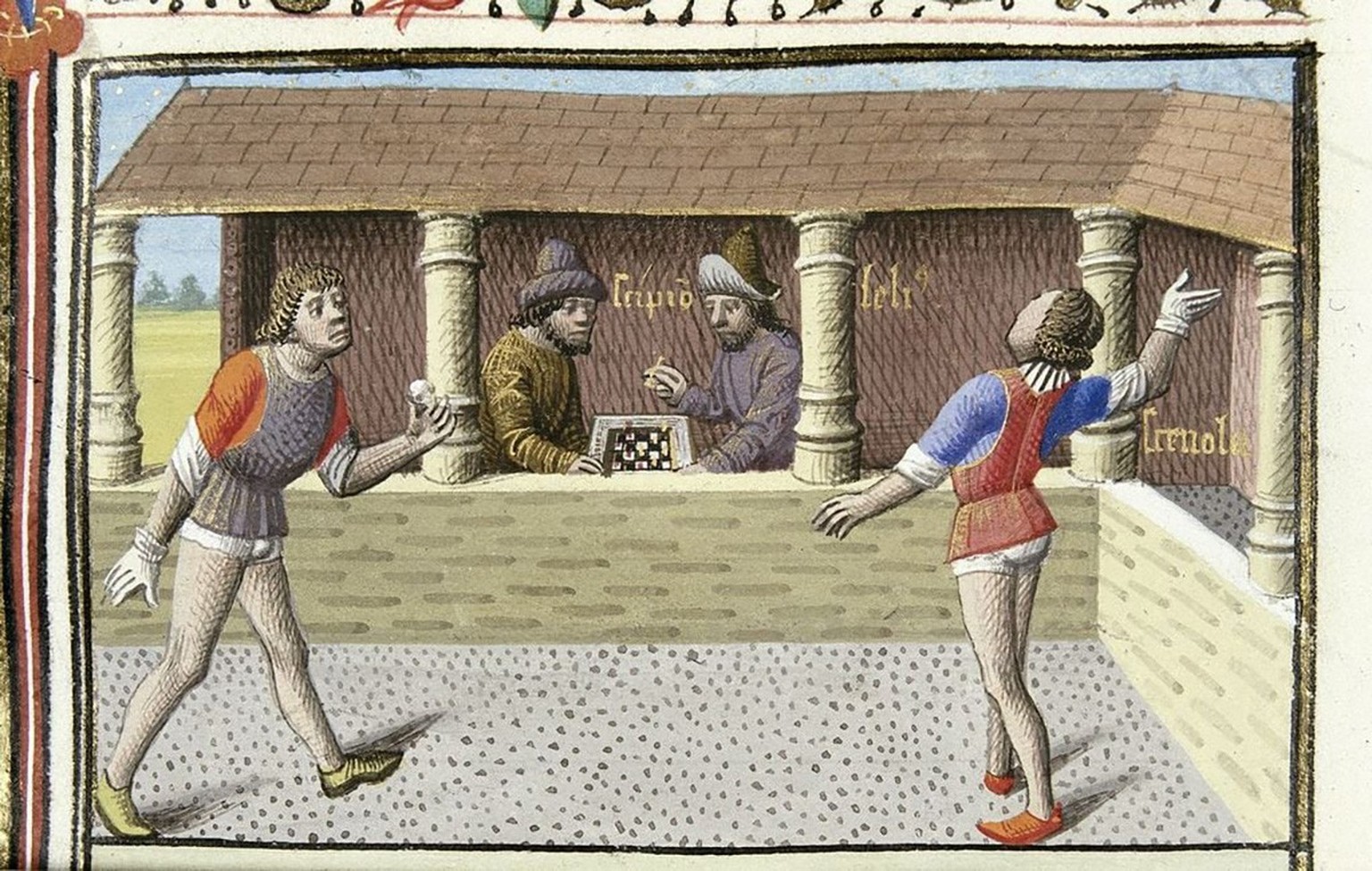 Représentation d’un jeu de balle médiéval dans un manuscrit français du XIVe siècle. Une partie d’échecs est disputée à l’arrière-plan.
https://commons.wikimedia.org/wiki/File:Medieval_Tennis.jpg