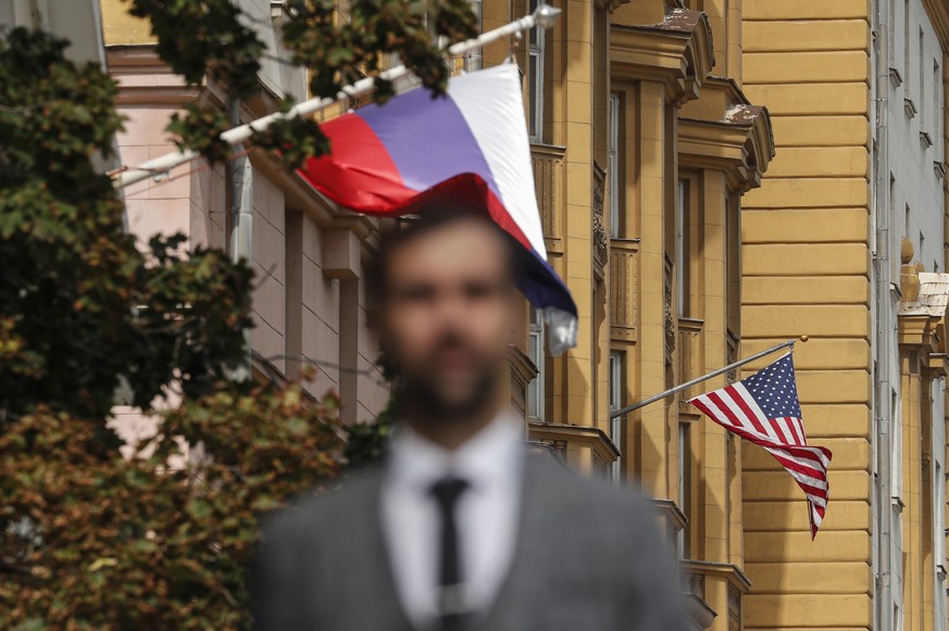 epa10825188 A man walks near the US embassy main building in Moscow, Russia, 28 August 2023. Robert Shonov, a former employee of the US Consulate General in Vladivostok, was detained as part of a case ...