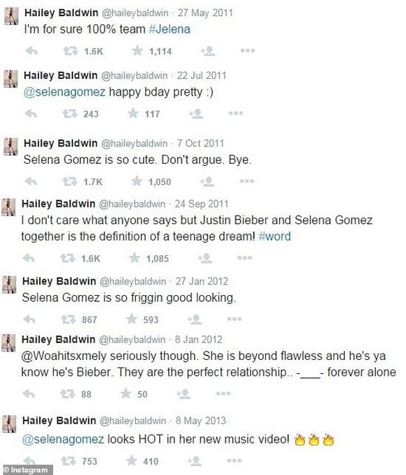 Hailey Bieber Tweets über Selena Gomez und Justin Bieber.