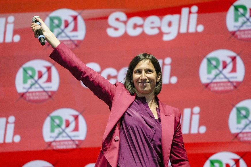 Democratic Party Elly Schlein speaks at the party&#039;s final rally ahead of Sunday&#039;s election in Rome, Friday, Sept. 23, 2022. Italians vote on Sunday for a new Parliament, and the outcome of b ...