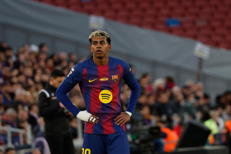 Barcelona&#039;s Lamine Yamal reacts during a La Liga soccer match between Barcelona and Athletic in Barcelona, Spain, Saturday, Nov. 22, 2025. AP Photo/Joan Monfort)
Spain La Liga Soccer