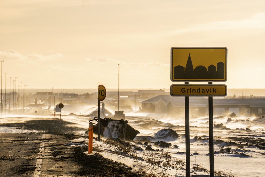 A road sign signals the entrance to the town of Grindavik, Iceland, Tuesday, Feb. 6, 2024. The town was damaged and left largely empty after the volcanic eruption of Jan. 2024. (AP Photo/ Marco Di Mar ...