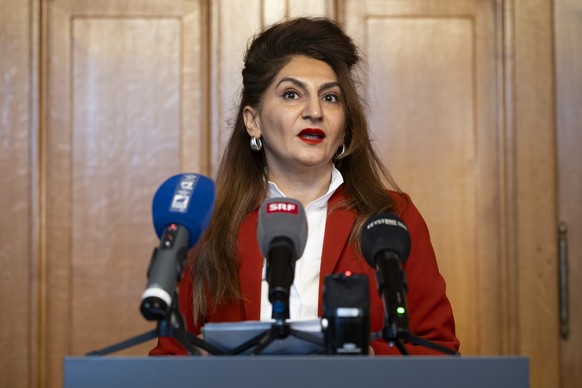 Sibel Arslan, Praesidentin der Aussenpolitischen Kommission des Nationalrats APK-N, spricht waehrend einem Point de Presse der APK-N zum Verhandlungsmandat fuer ein Abkommen mit den USA im Bereich Wir ...