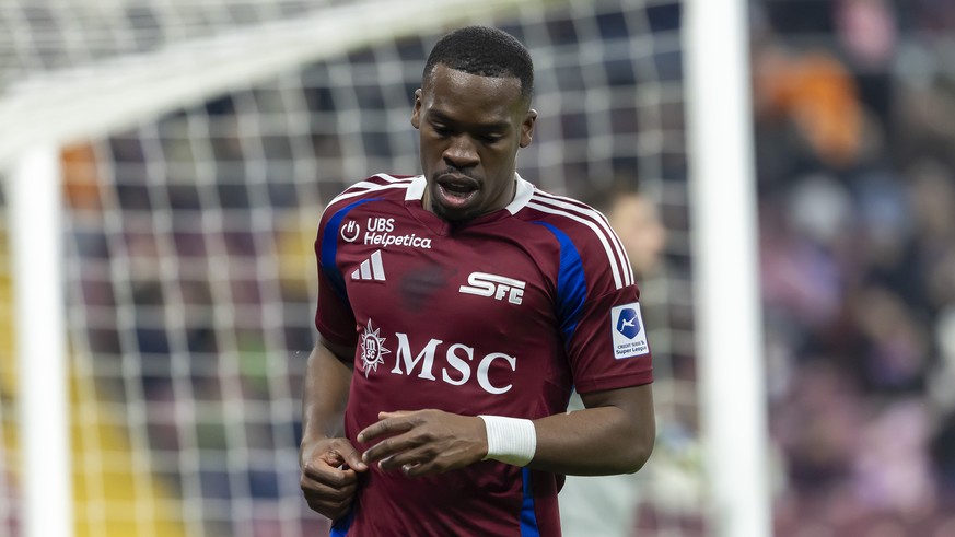 Dereck Kutesa (SFC) reacts after missing a goal, during the Super League soccer match of Swiss Championship between Servette FC, SFC, and FC Lugano, LUG, at the Stade De Geneve in Geneva, Switzerland, ...