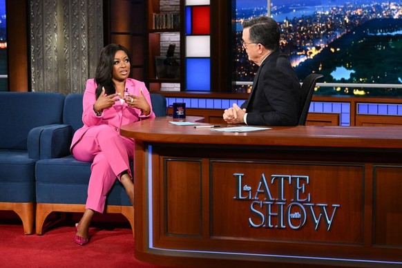 NEW YORK CITY - OCTOBER 15: The Late Show with Stephen Colbert and guest Rep. Jasmine Crockett during Tuesday&#039;s October 15, 2024 show. (Photo by Scott Kowalchyk/CBS via Getty Images)