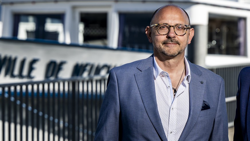 Nicolas Gigandet, gauche, president du Conseil d'Administration de la LNM (Societe de navigation sur les lacs de Neuchatel et Morat) et Peter Voets, droite, directeur general de la LNM (Societe d ...