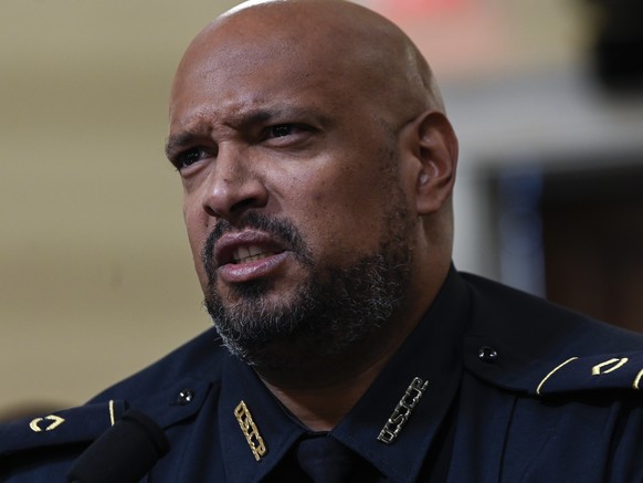 epa09371612 US Capitol Police officer Harry Dunn speaks during a hearing of the House select Committee investigating the January 6 attack on the US Capitol at the Canon House Office Building in Washin ...