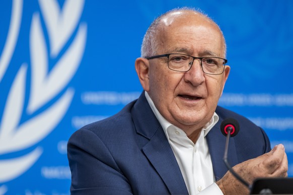 epa11960517 Chris Sidoti, a member of the Commission, speaks during a press conference about the launch of the latest report from the Independent International Commission of Inquiry on the Occupied Pa ...