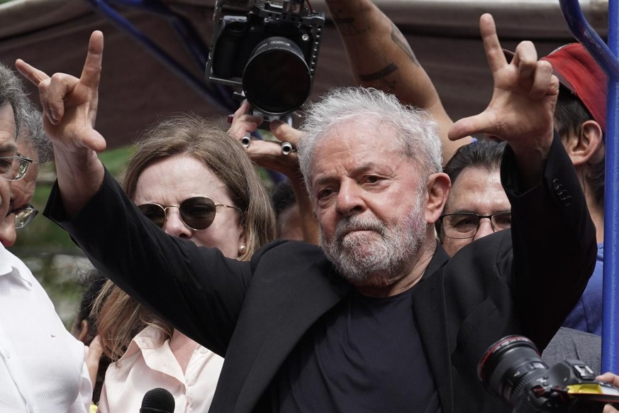 Former Brazilian President Luiz Inacio Lula da Silva acknowledges supporters during a rally at the Metal Workers Union headquarters, in Sao Bernardo do Campo, Brazil, Saturday, Nov. 9, 2019. Da Silva  ...