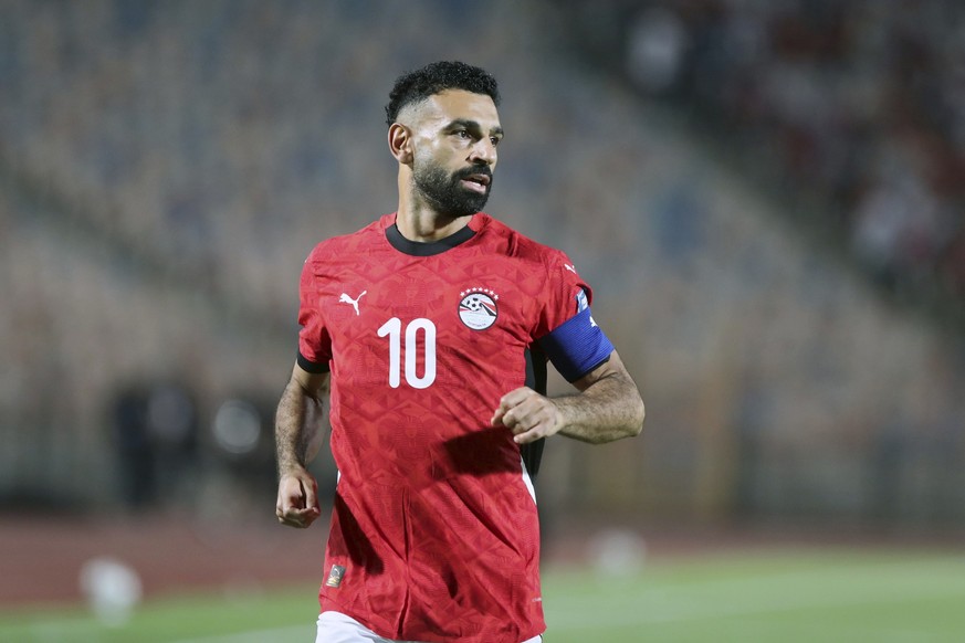 Egypt's Mohamed Salah runs during the World Cup qualifying soccer match between Egypt and Ethiopia at the Cairo International Stadium in Cairo, Friday, Sept. 5, 2025. (AP Photo/Khalid Elfiqi)