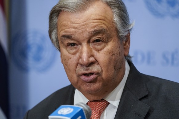 United Nations Secretary General Ant�3nio Guterres holds a press conference after a U.N. Security Council meeting on the Russian invasion of Ukraine, Friday Feb. 25, 2022 at U.N. headquarters. (AP Pho ...