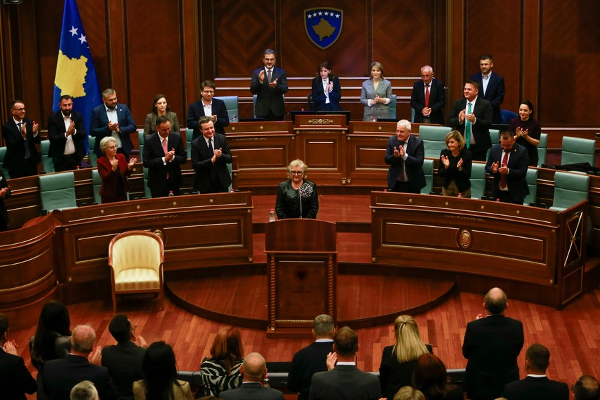 Kosovo lawmakers applaud after electing Kosovo's President Justina Shiroka Pula, center, in Kosovo's capital Pristina on Tuesday, Oct. 6, 2026. (AP Photo/Visar Kryeziu)
Justina Shiroka Pula