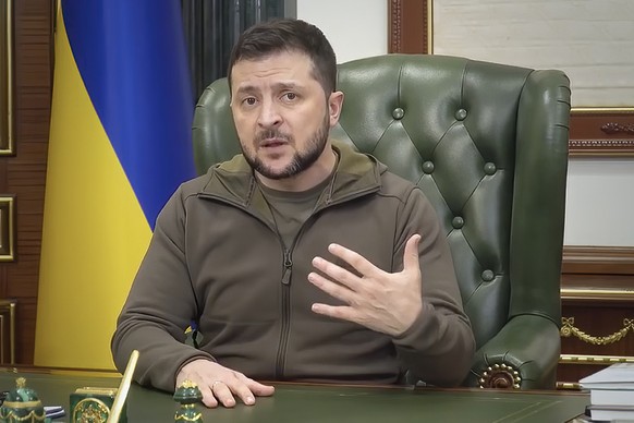 In this image from video provided by the Ukrainian Presidential Press Office, Ukrainian President Volodymyr Zelenskyy speaks from Kyiv, Ukraine, Monday night, March 28, 2022. (Ukrainian Presidential P ...