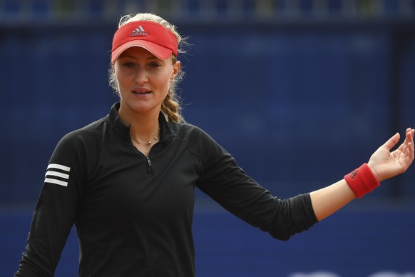 French tennis player Kristina Mladenovic in action during the first round match against German Tamara Korpatsch (not pictured), at the Samsung Open during the WTA tennis tournament in Lugano, Switzerl ...
