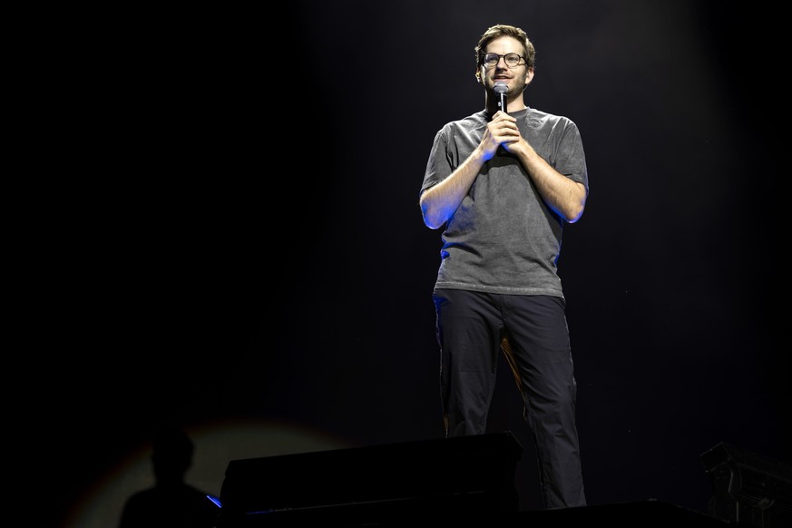 Switzerland's humorist Thomas Wiesel performs in show 52' in concert on the Vega stage, during the 47th edition of the Paleo Festival in Nyon, Switzerland, Saturday, July 27, 2024. The Paleo ...