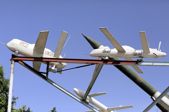 epa11377717 Mock Houthis-made drones and missile are on display at a square in Sana&#039;a, Yemen, 29 May 2024. Yemen&#039;s Houthis have launched a total of six ballistic missile and drone attacks on ...
