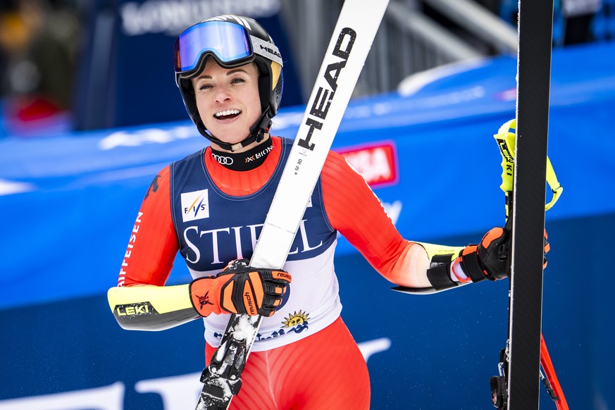 epa11983672 Lara Gut-Behrami of Switzerland reacts in the finish area during the women&#039;s Super-G race at the FIS Alpine Ski World Cup Finals, in Sun Valley, Idaho, USA, 23 March 2025. EPA/JEAN-CH ...