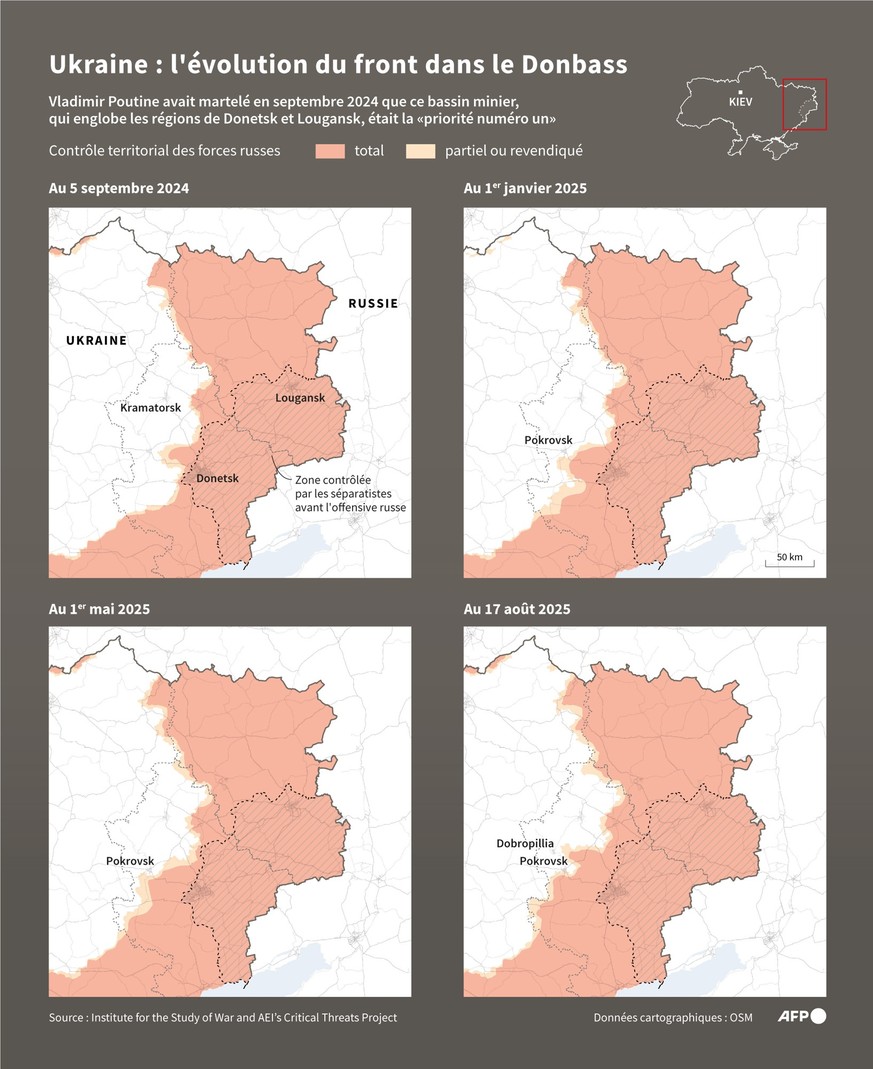 Cartes montrant l&#039;évolution des zones contrôlées par les forces russes dans le Donbass, à quatre dates entre le 5 septembre 2024 et le 17 août 2025, à partir des données fournies par l&#039;ISW,  ...
