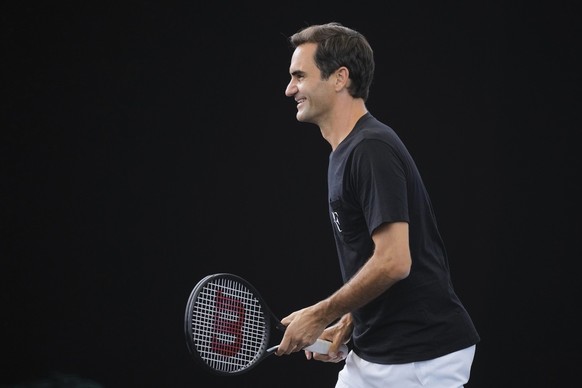 Switzerland&#039;s Roger Federer attends a training session ahead of the Laver Cup tennis tournament at the O2 in London, Wednesday, Sept. 21, 2022. Federer appeared earlier at a news conference to di ...